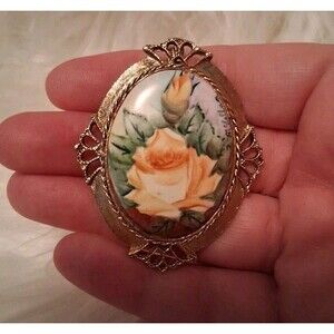 Vintage Hand Painted Porcelain Rose Brooch Gold Tone Ornate